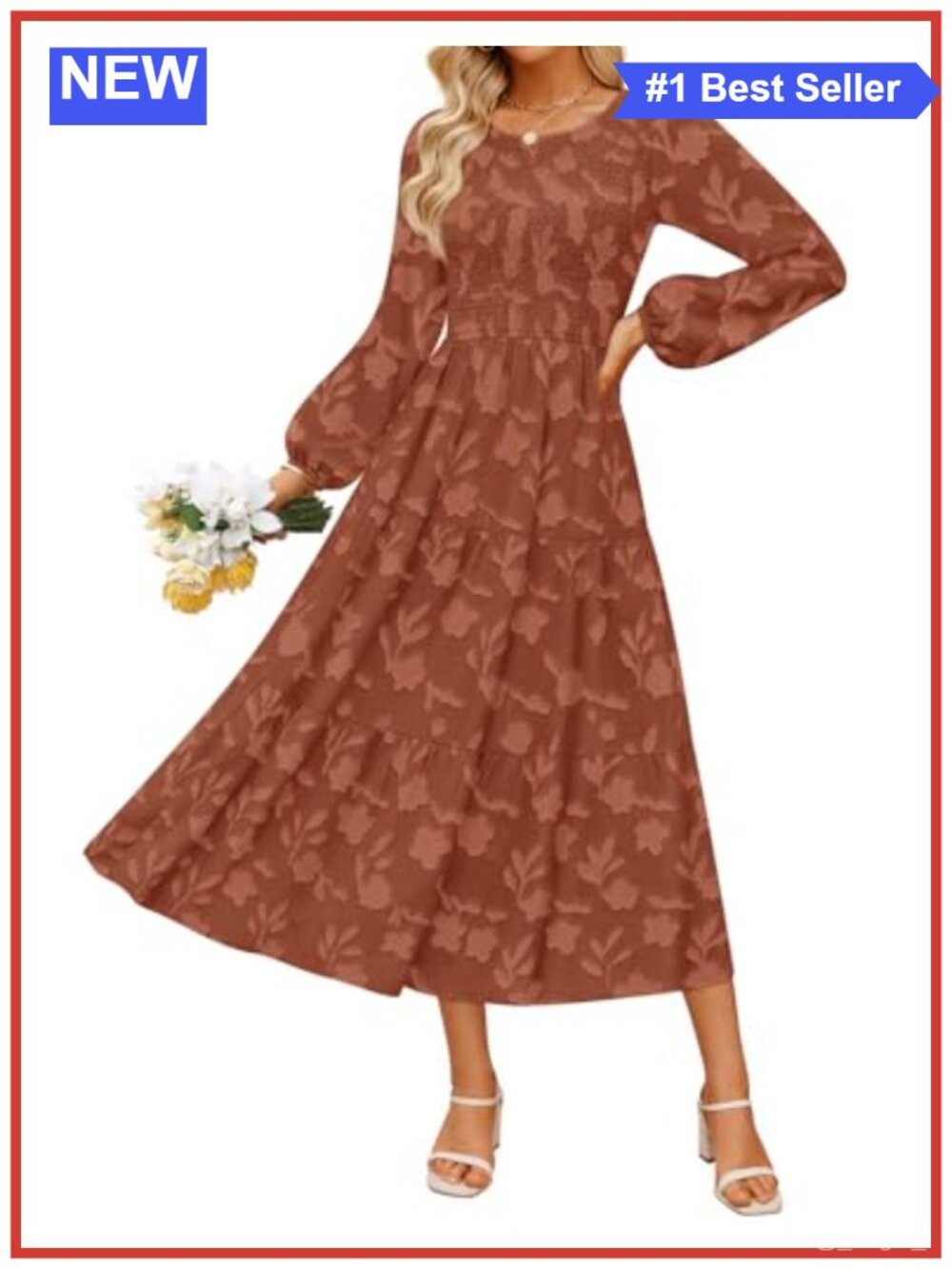 Boho Floral Midi Dress Long Sleeve Crew Neck A-Line Wedding Guest Semi Formal